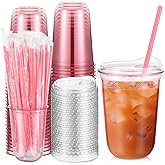 Ziliny 50 Sets Clear Plastic Cups with Heart Shaped Pink Straws and Strawless Lids Disposable Clear PET Cups for Iced Coffee Cold Beverage Party Valentine's Day Bridal Shower(16 oz,Pink)