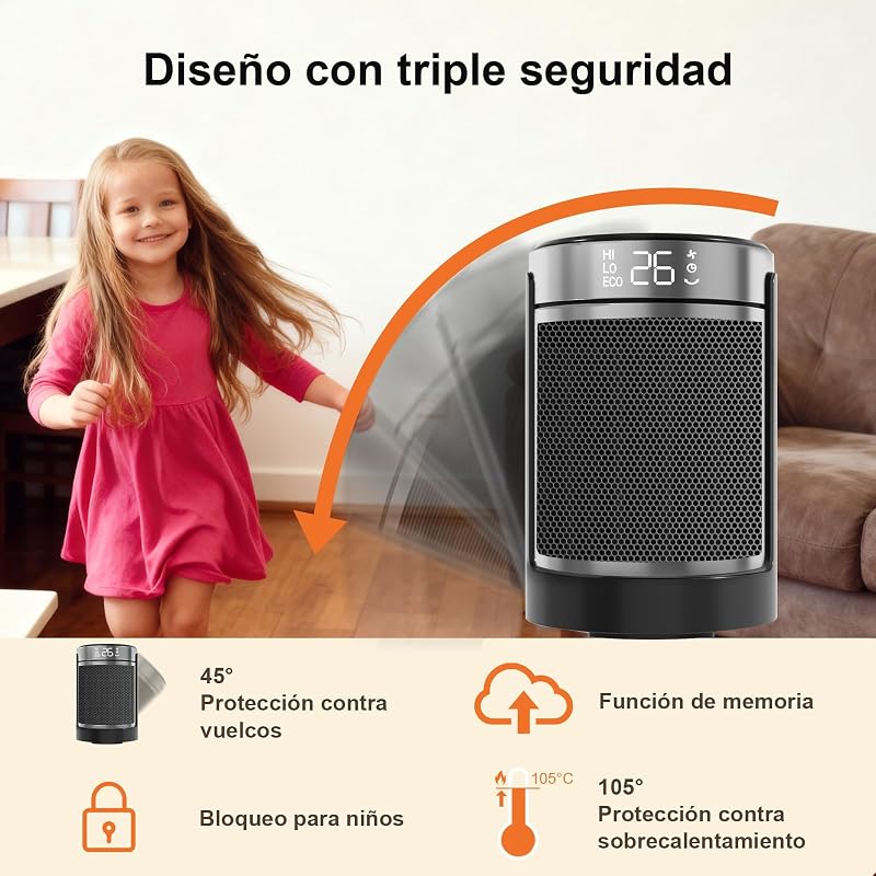 Calefactor Bajo Consumo PTC de 1500 W Con Ventilador y Ahorro de Energía, Control Remoto, Protección Contra, Oscilación de 70°, Sobrecalentamiento y Vuelco, Temporizador de 1 a 24 h