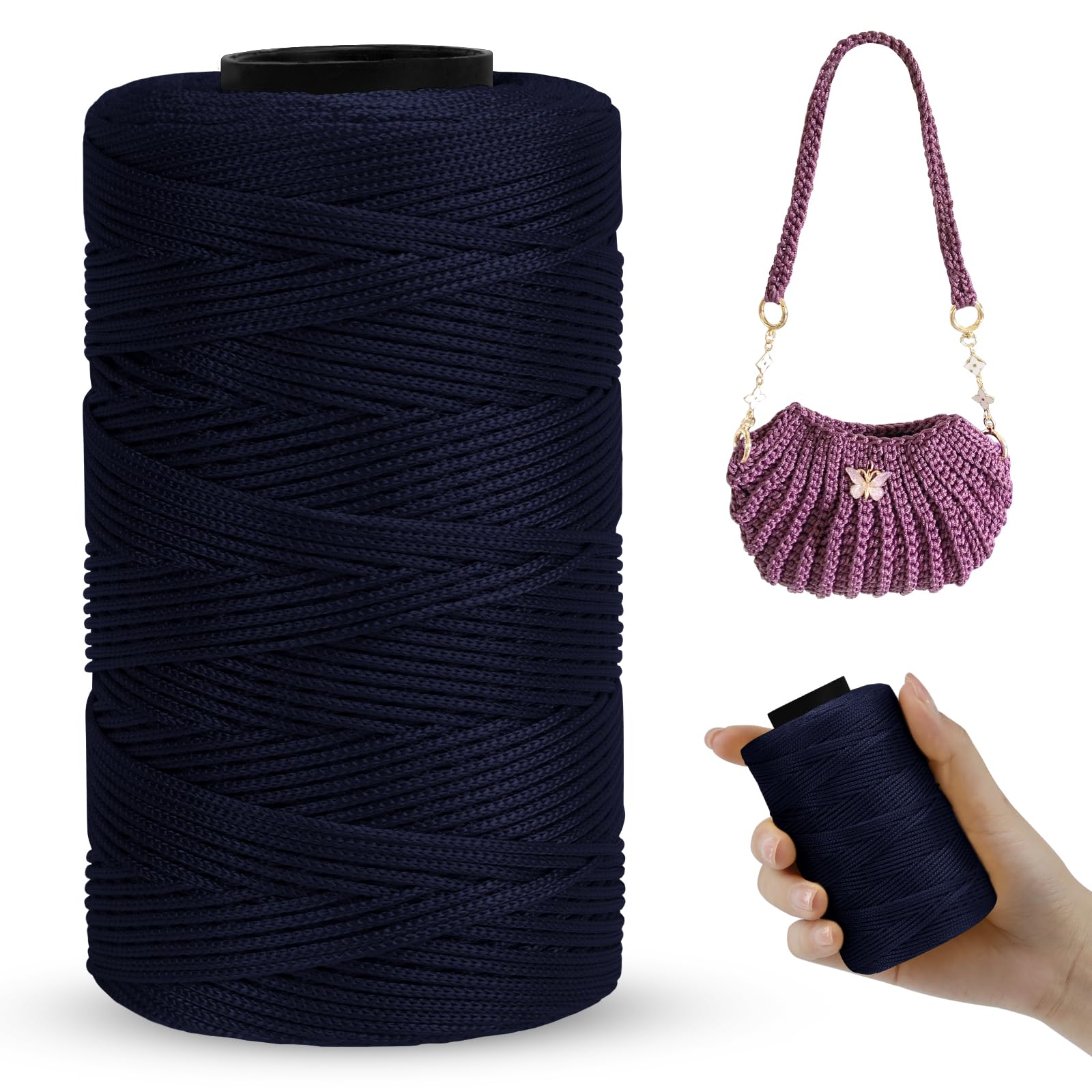LEREATI Polyester Macrame Cord 1mm x 230m Polyester Yarn for Crocheting Braided Polypropylene Cord Crochet Bag Cord Macrame Yarn for Crocheting, Handbag, Beading, DIY Crafts (Dark Blue)