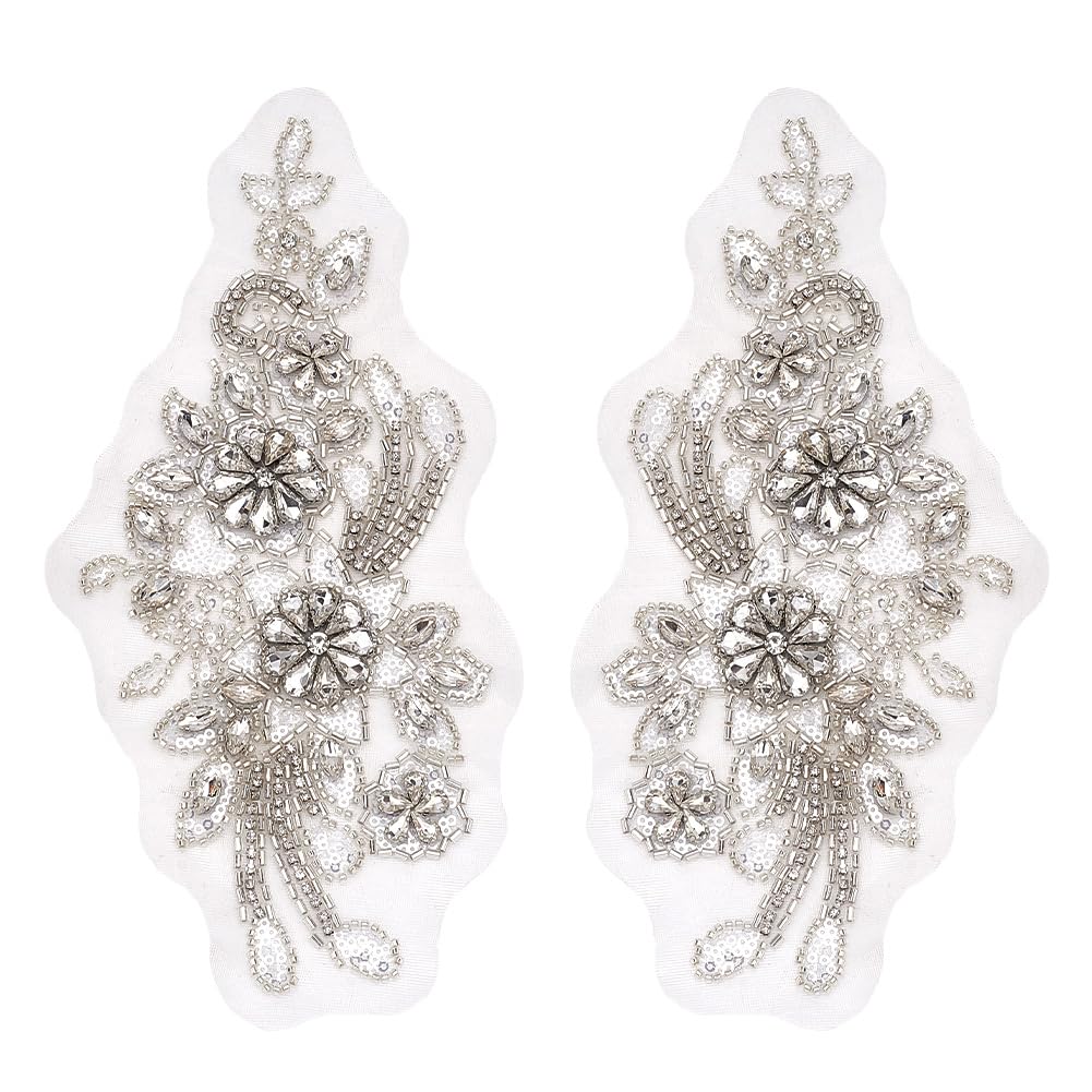 AHANDMAKER Exquisite Bright Crystal Patches Sew on AB Rhinestones DIY Clothing Appliques Patch for Wedding Dress Decor Belt Chest Waist Decoration (Silver)