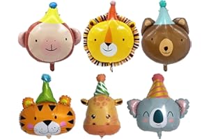 Mutpne Jungle Animal Foil Balloons, 6 Pack, Tiger, Koala, Giraffe, Monkey, Lion & Bear with Party Hats, Kids Birthday Safari 