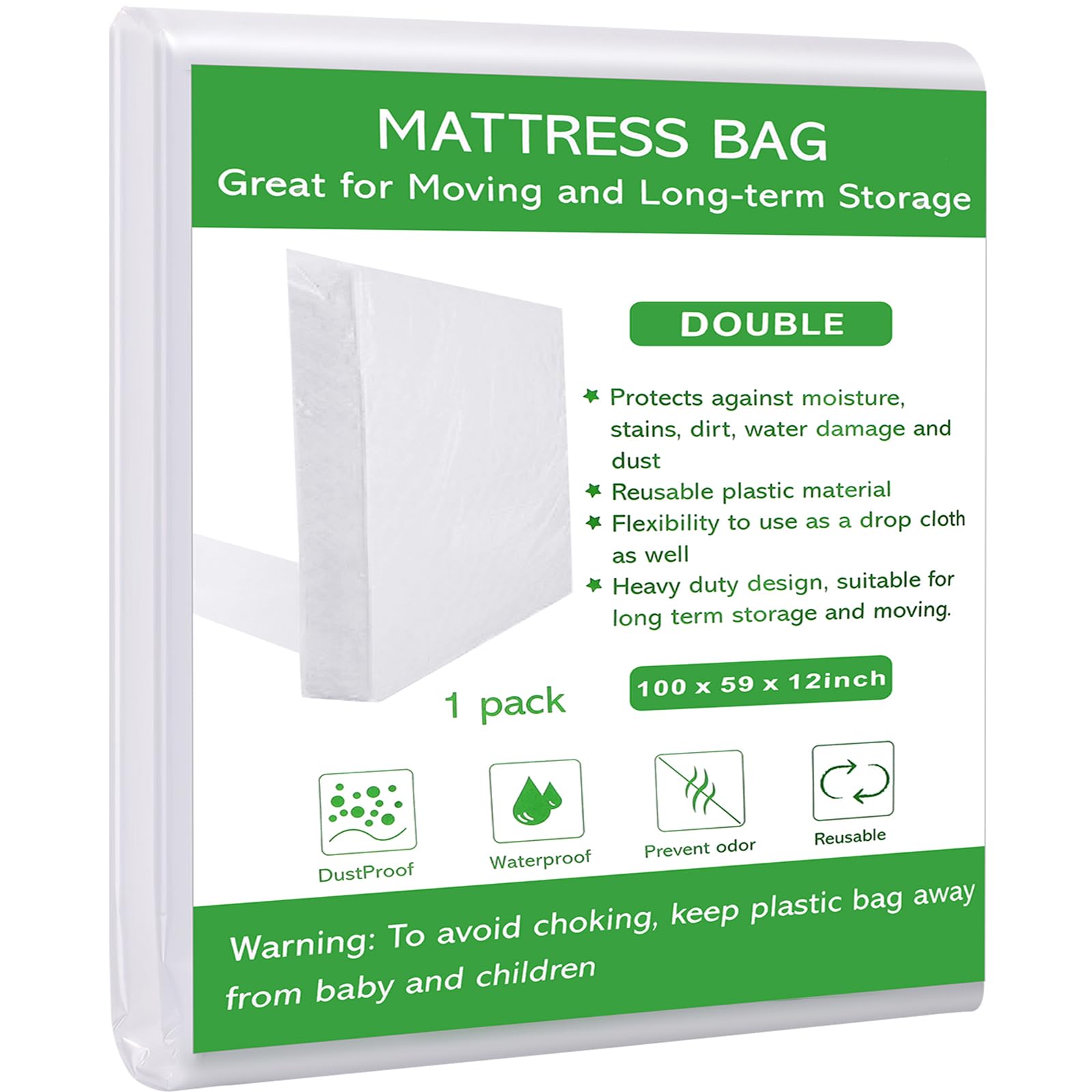 Dntorx Double Size Mattress Bag for Moving and Storage, Waterproof Plastic Mattress Protector 2.76 Mil Heavy Duty Mattress Cover for Moving Double Size – 255 X 150 X 30cm