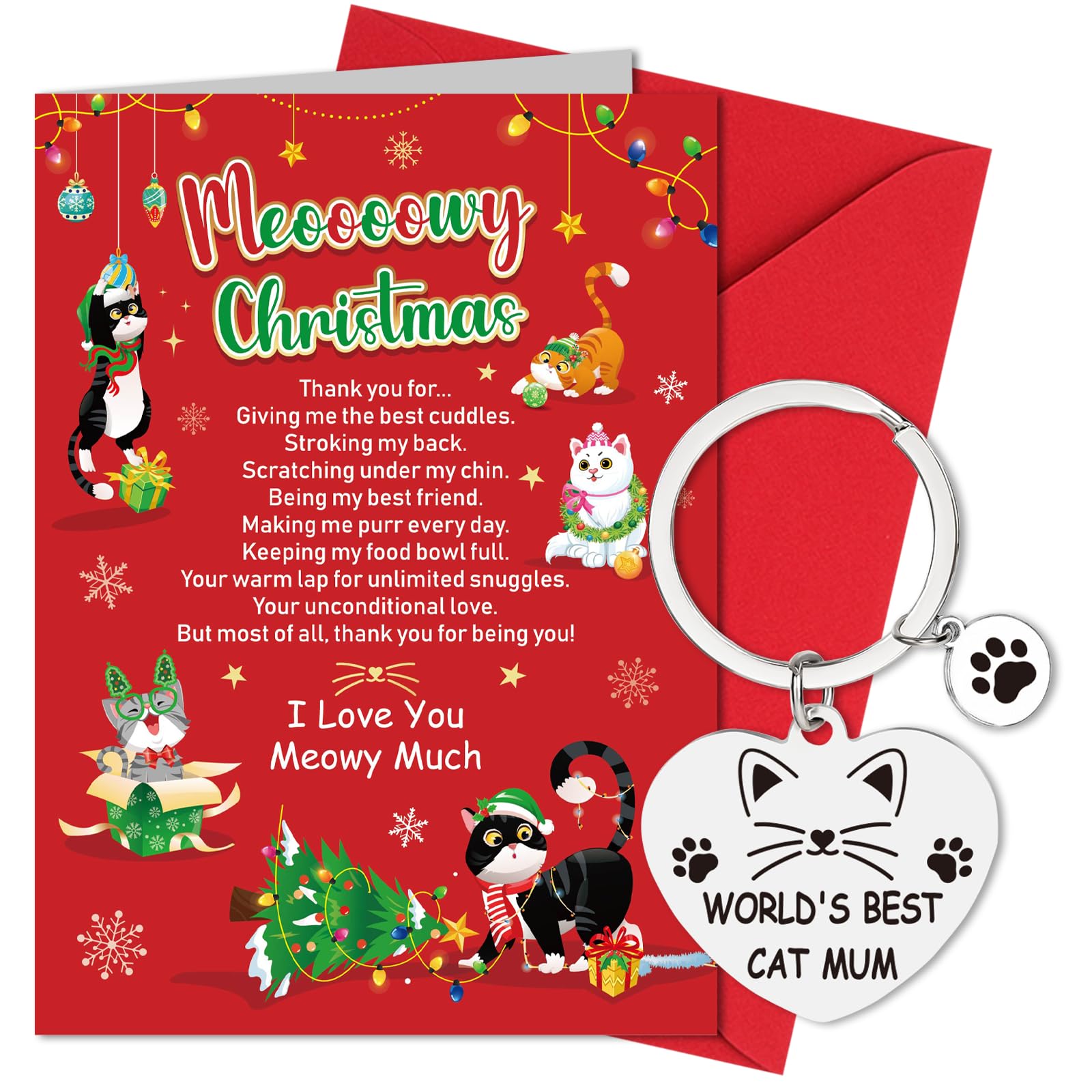 HOWAF Christmas Card from The Cat, Xmas Card & Keyring, Gifts for Christmas from The Cat for Women