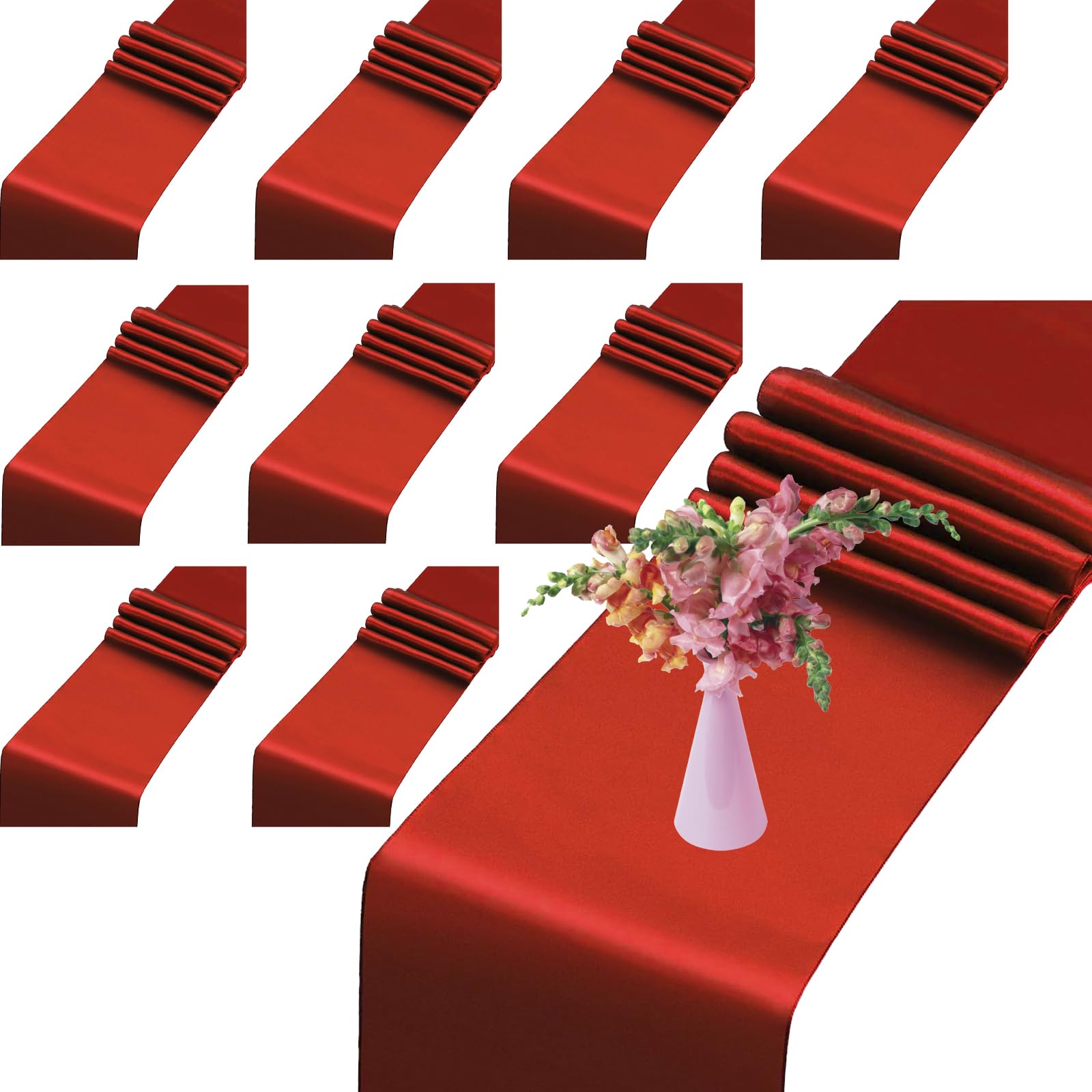 Photo 1 of 10PCS Satin Rust Table Runner 12 x 108 Inch, Party Decor Bright & Smooth Wedding Decorations for Wedding Party Events Decoration, Birthday Parties, Banquets , Graduations