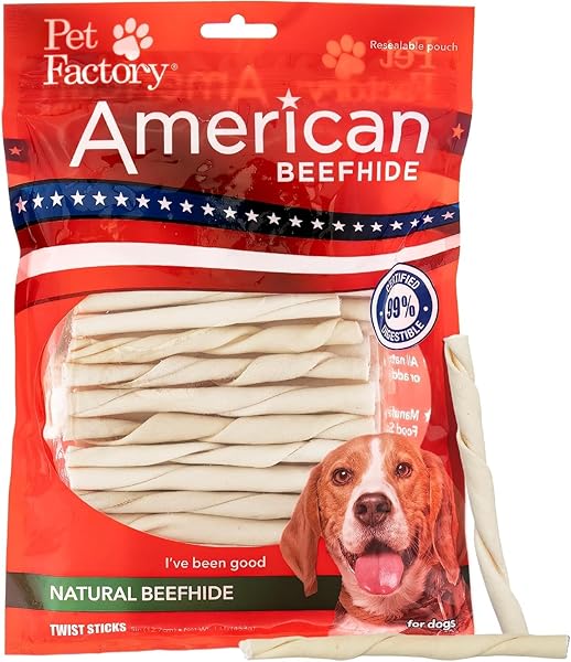PET FACTORY AMERICAN BEEFHIDE 5″ TWIST STICKS DOG CHEW TREATS – NATURAL FLAVOR, 1 LB