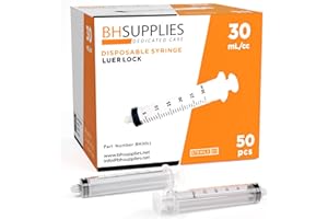 BH Supplies 30ml Luer Lock Tip Syringes (No Needle) - Sterile, Individually Wrapped - 50 Syringes