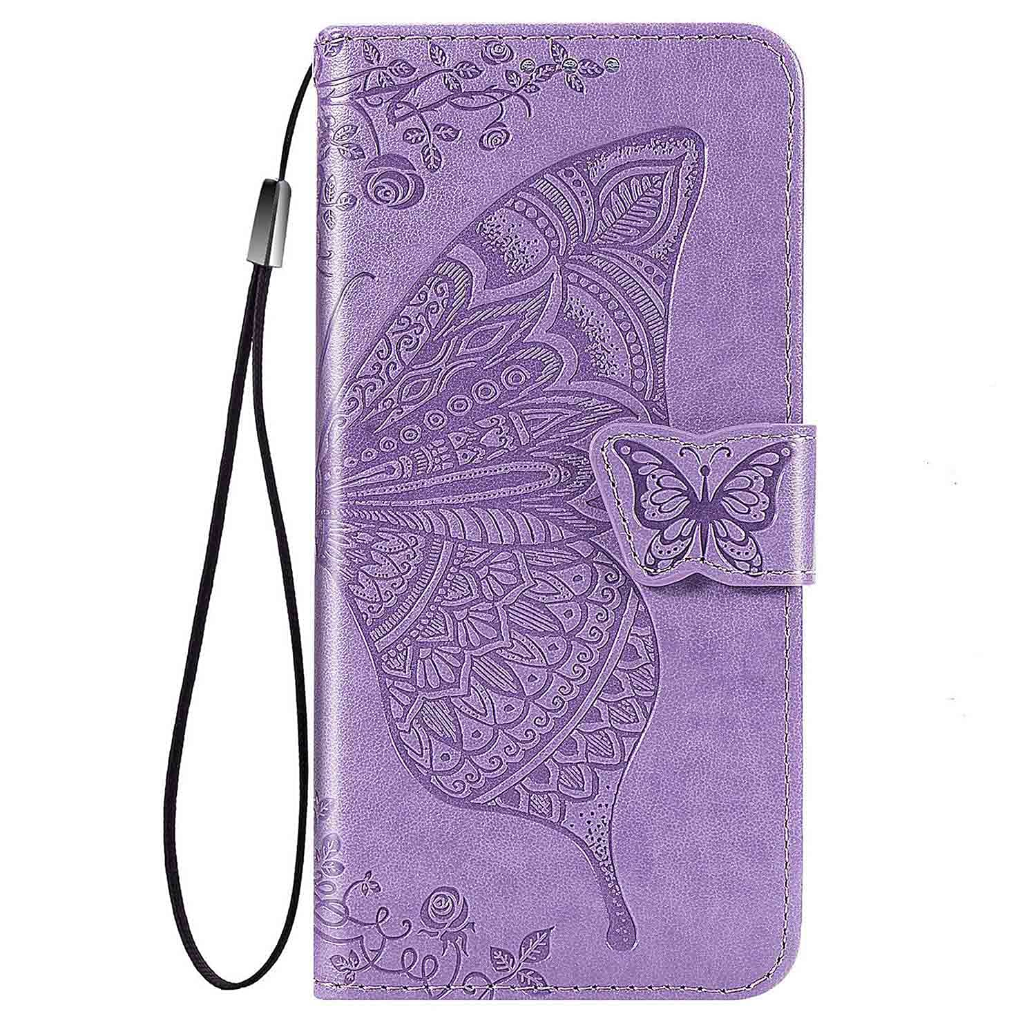 AMWEI Case for Huawei Honor X8 Case, Embossing Butterfly Protection Case Shockproof TPU Premium PU Leather Cover with Wallet Card Slots Light Purple