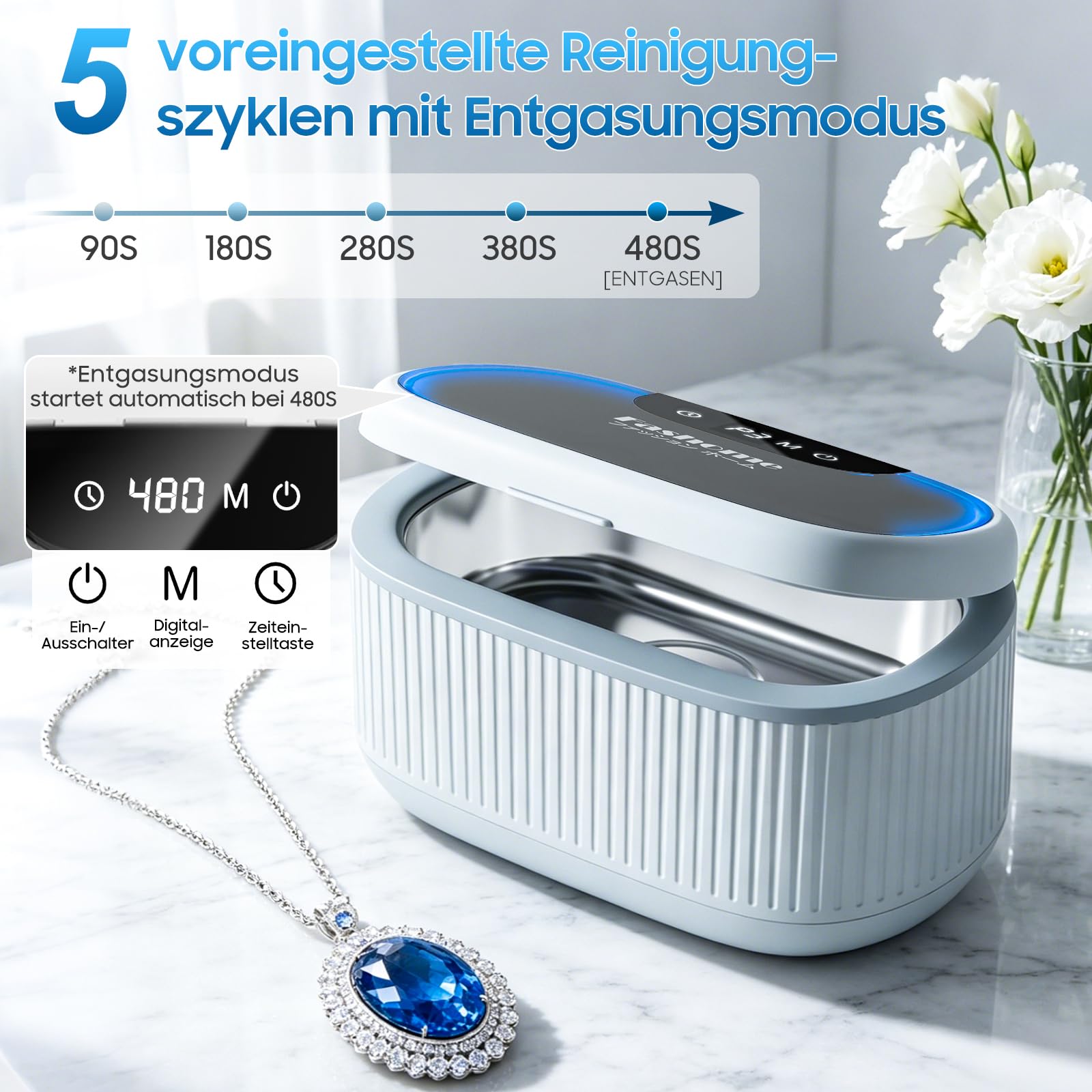 Fashome Ultraschallreiniger mit 2×100 ml Reinigungsflüssigkeit, 45 kHz 3 Modi, 550 ml Edelstahltank, für Schmuck, Brillen, Uhren & Zahnersatz, Reinigungskorb & Uhrenhalterung – mit Geschenkbox 5