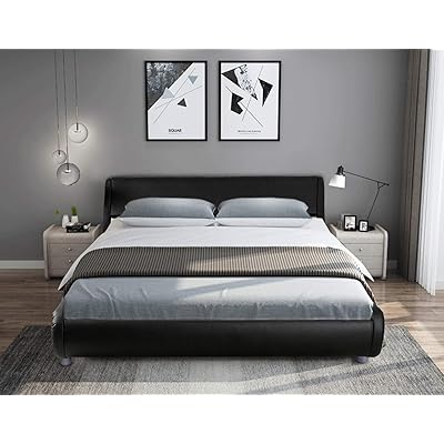 SHA CERLIN Queen Size Bed Frame, Upholstered Faux Leather Low Profile Sleigh Platform Bed with Adjustable Headboard, Wood Slat Support, Black