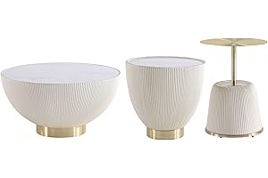 Manhattan Comfort Modern Anderson Coffee Table, 1.0 & 2.0 End Table, Upholstered in Cream Leatherette with Ceramic Faux Tabletop and Gold Metal Tabletop- Set of 3