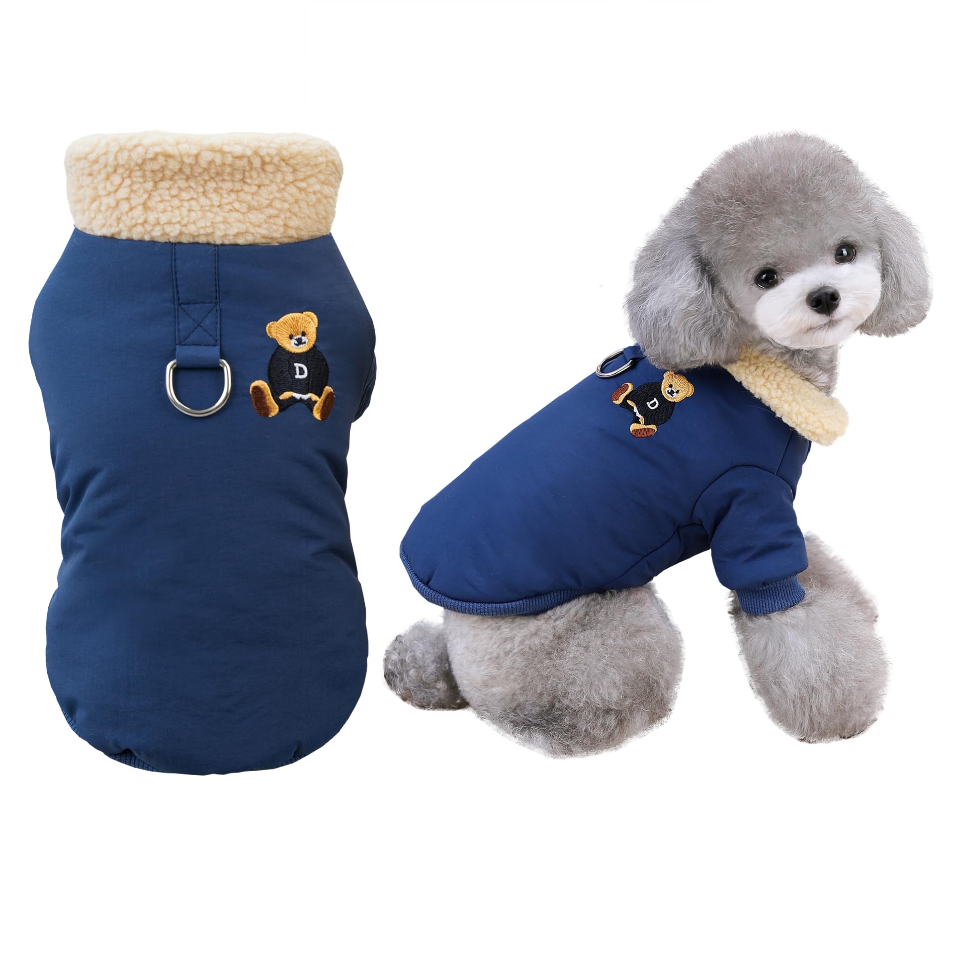 Izefia Dog Coat Cold Weather Coats Windproof Jacket Fleece Warm Sweater Winter Thick Clothes Vest Fleece Collar Bear Print Coat for Small Dog Medium Cat Blue S