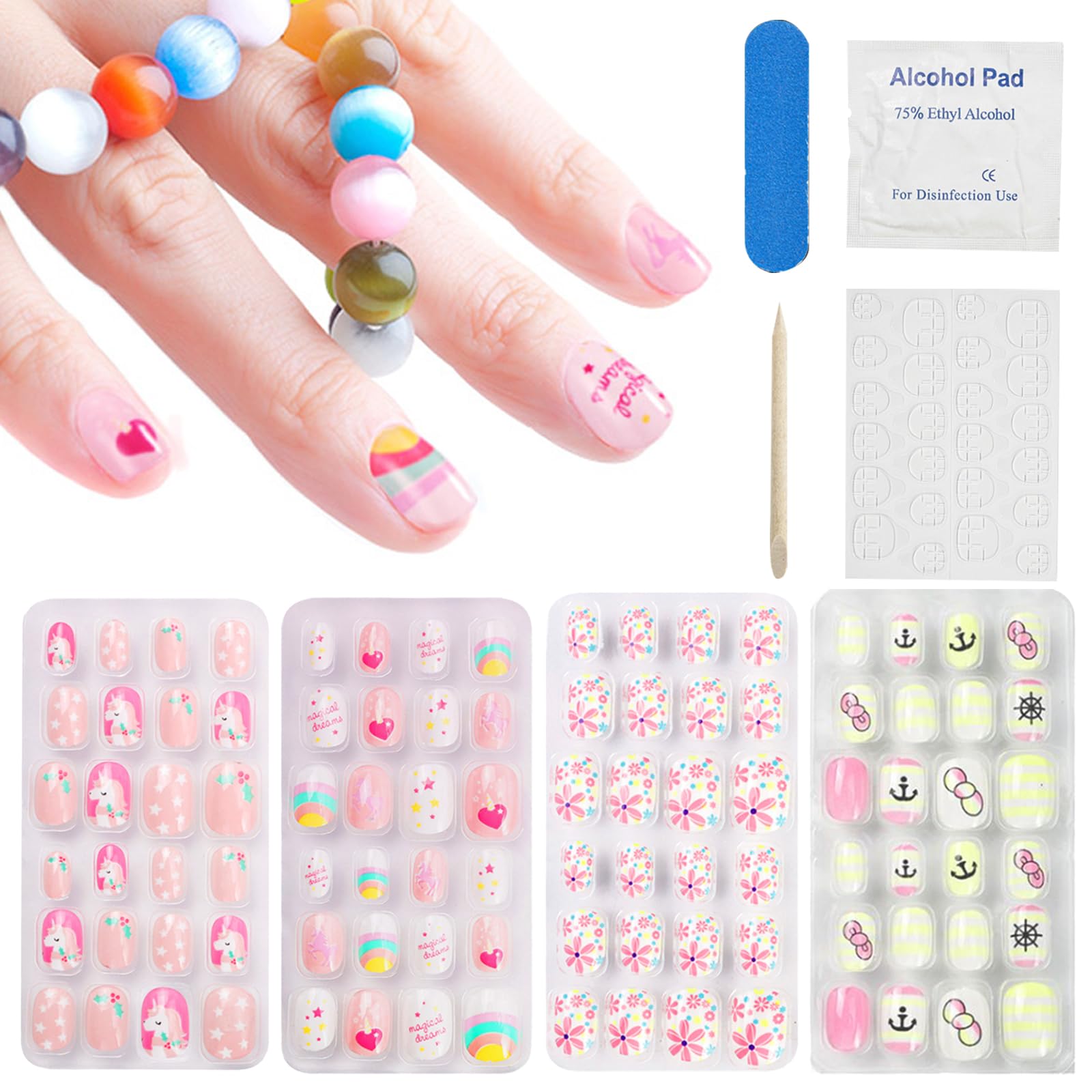 DKDDSSS 144Pcs Nails for Girls, Kids Stick on Fake Nails Sets, 6Pcs Manicure Accessories