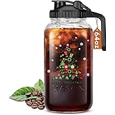 Christmas Gift for Mom,Mason Jar Pitcher, 64 oz Glass Milk Pitcher, Wide Mouth & Leakproof Glass Pitcher with Lid for milk, Sun Tea, Juice, Cold Brew Coffee and Drinks(Christmas tree）