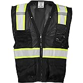 Kishigo Black Enhanced Visibility Men's Vest B100, Multi Pocket Mesh Hi-Vis Vest, Ultra-Cool Polyester, 6 Pockets, Zipper