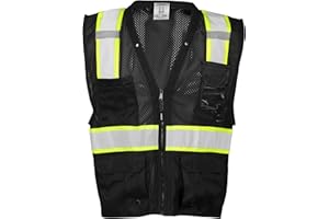 Kishigo Black Enhanced Visibility Men's Vest B100, Multi Pocket Mesh Hi-Vis Vest, Ultra-Cool Polyester, 6 Pockets, Zipper