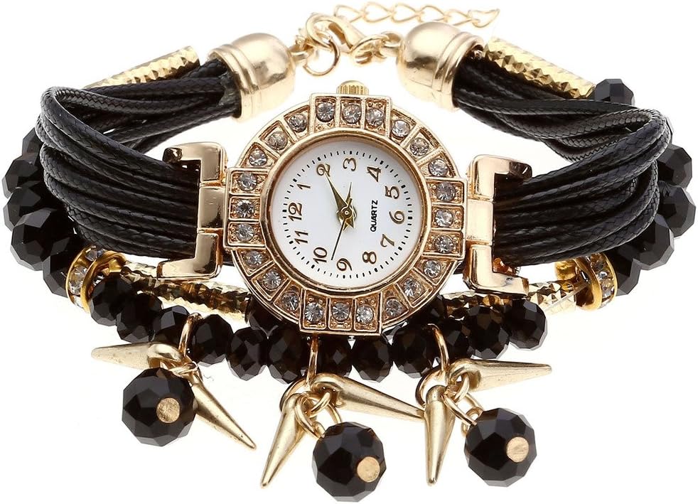 Top Plaza Ethnic Style Womens Wrap Around Watch Rhinestone Beaded Charm Layer Quartz Bracelet Watch