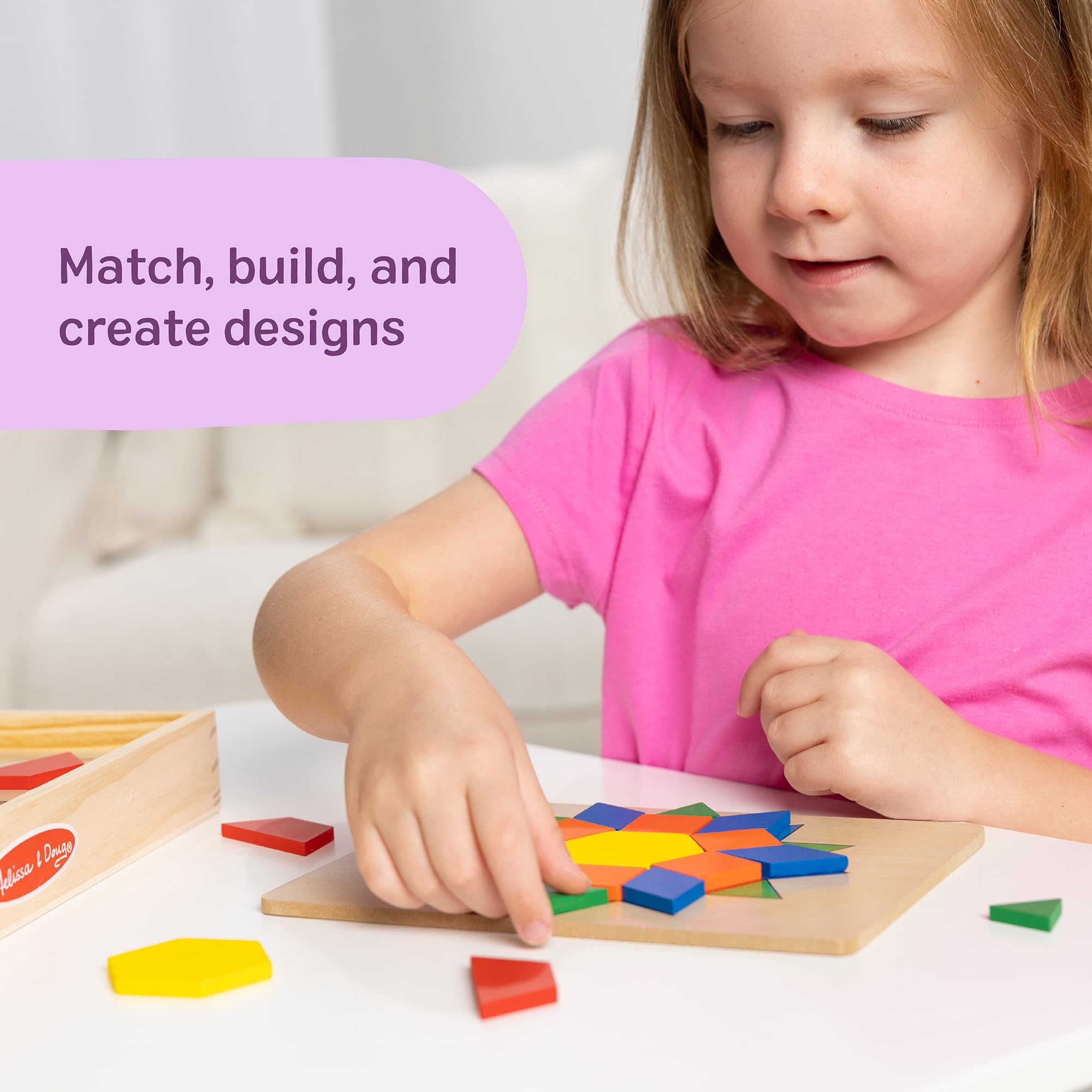 Melissa & Doug Pattern Blocks and Boards with 120 Multi-Colored Wooden Shape Tiles, 5 Double-Sided Puzzle Boards, Tangram Puzzles, Montessori Toys for Girls & Boys