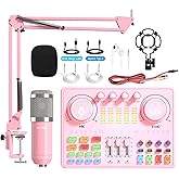 Bonkyo Podcast Equipment Bundle: Audio Interface & DJ20 Mixer with XLR Mic, Voice Changer, 2400mAh Battery for Podcasting, TikTok Live Streaming, and Gaming (Pink)