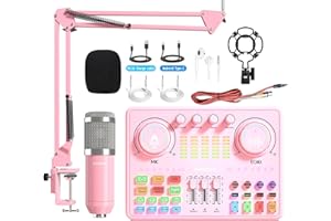 Bonkyo Podcast Equipment Bundle: Audio Interface & DJ20 Mixer with XLR Mic, Voice Changer, 2400mAh Battery for Podcasting, TikTok Live Streaming, and Gaming (Pink)