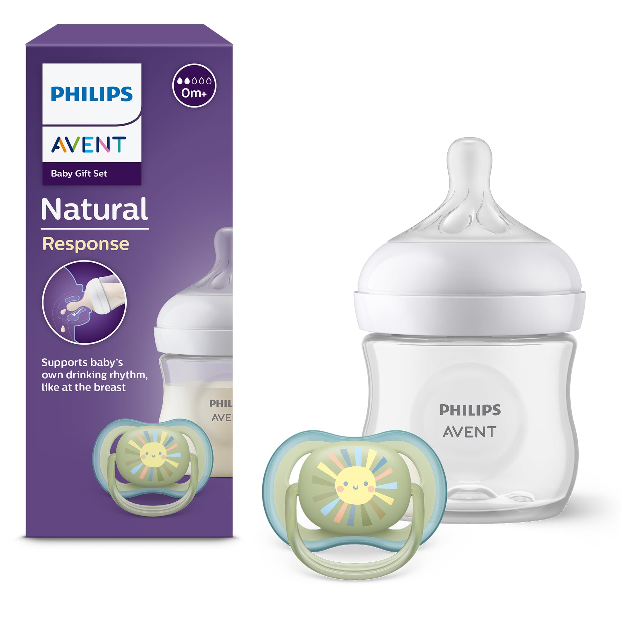 Philips Avent Natural Response Baby Gift Set, Natural Response Baby Bottle 4oz/125ml with T2 (0m+ Teat), Ultra Air Pacifier, Model SCD837/10