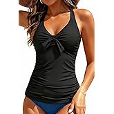 Women Halter Tankini Swim Top - Tummy Control Swimsuit Bathing Suit Top Front Tie Knot Swim Top Only 2025