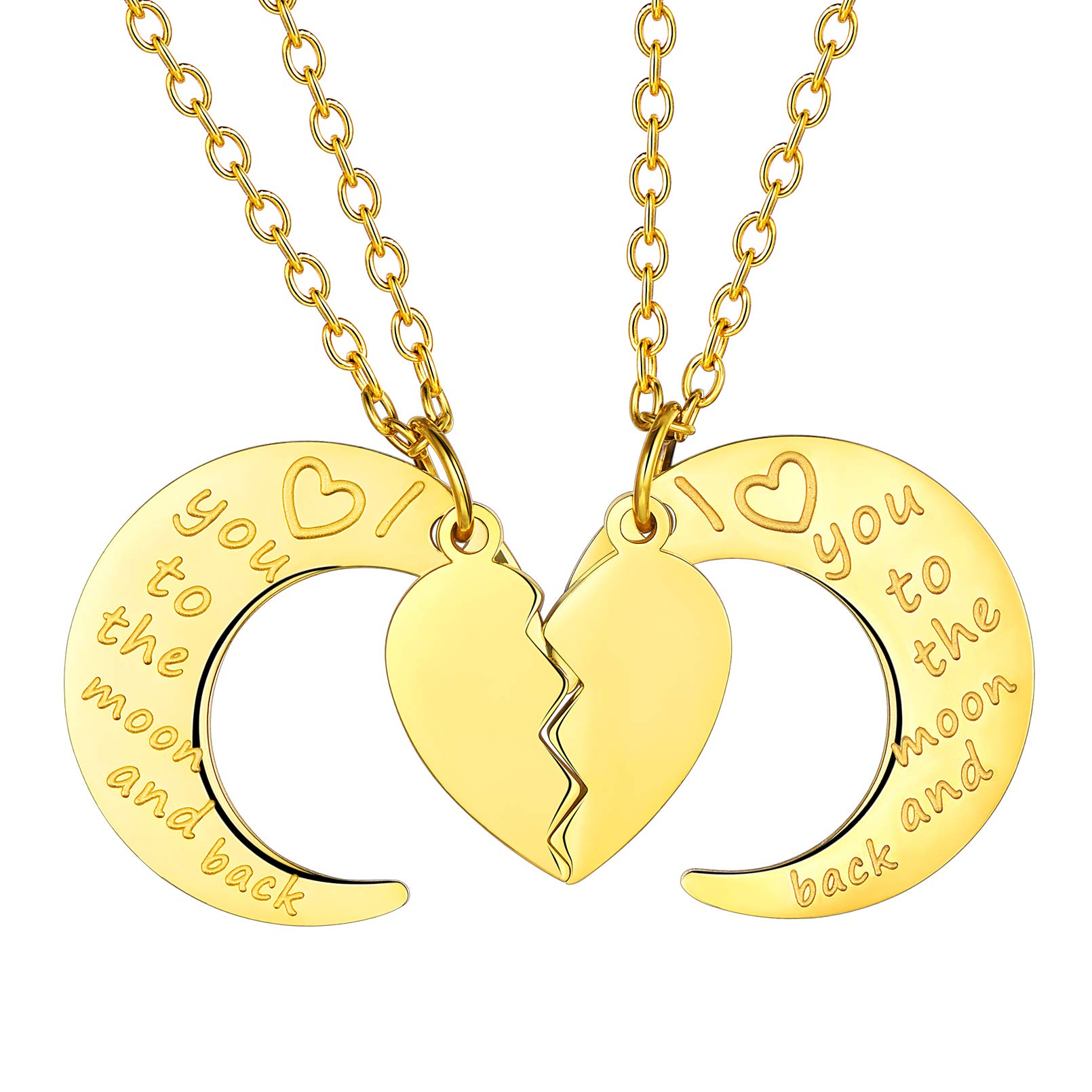 Custom4U I Love You to the Moon and Back Necklace Stainless Steel Gold Plated 2 Pcs Heart Matching Pendant Jewellery for Couple Birthday Xmas Anniversary Valentines Day