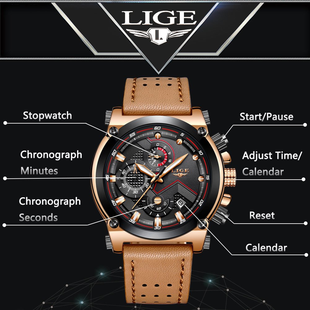 Amazoncom Lige Mens Fashion Sport Quartz Watch With Brown Leather