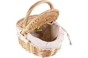 Zerodeko Wicker Picnic Basket with Handle Wicker Weaving Basket with Liner Fruit Bread Vegetable Basket with Double Lids Shopping Storage Hamper