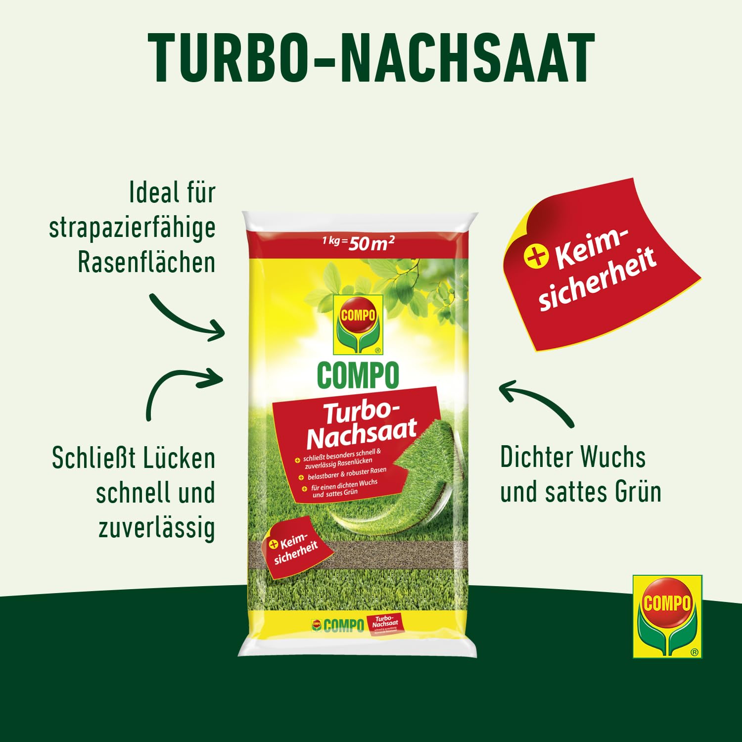 COMPO Turbo Nachsaat, Rasensamen, Schließt besonders schnell und zuverlässig Lücken im Rasen, Mit Keimsicherheit, 1 kg, 50 m² 3