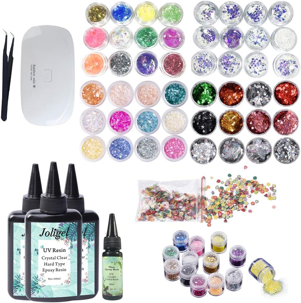 Crystal Clear UV Resin with 61 Decorations Portable Lamp Tweezers, Colorful Candy Wrappers Holographic Glitter Nacre Shells Fimo 3D Fruit Slices, Jewelry Making Kit for Handmade Gifts Resin Crafts