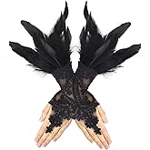 FLORVIV Black Lace Feather Gloves for Women, Long Gothic Halloween Costume Cosplay Witch Party