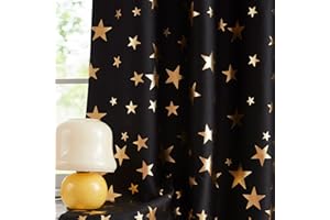 Black Full Blackout Curtains for Boys Bedroom, Metallic Gold Star Window Curtains for Baby Nursery Room Curtain Drapes Gromme
