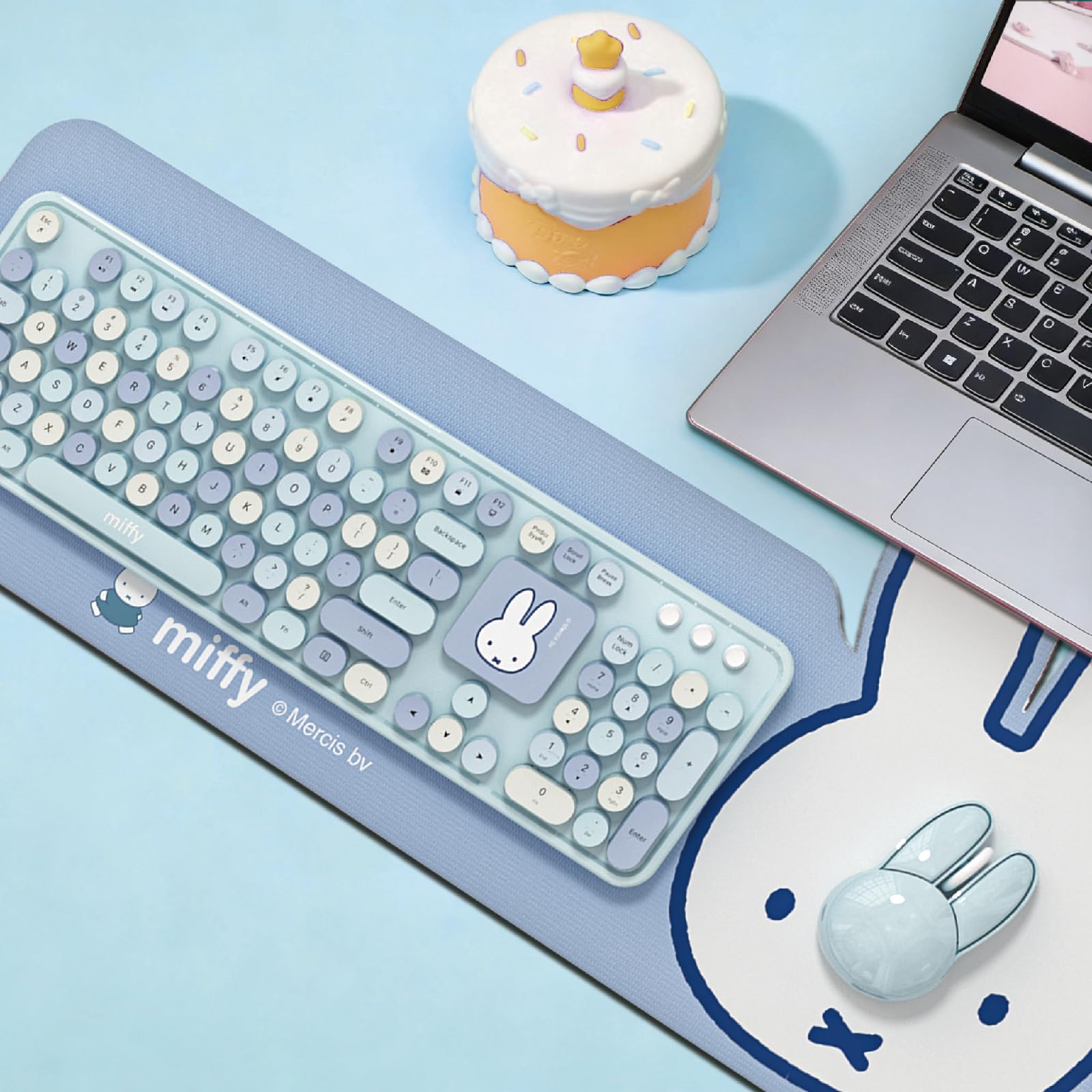 Condition photo showing New/Like New for miffy 104-key wireless keyboard & mouse combo with large light blue desk pad - ergonomic computer ac