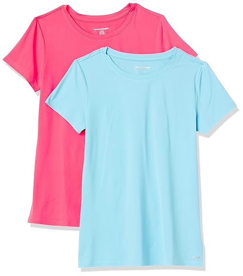 Amazon Essentials Women's Active Quick Dry Tech Stretch Short-Sleeve Crewneck T-Shirt (Available in Plus Size), Pack of 2, Blue/Neon Pink, X-Small