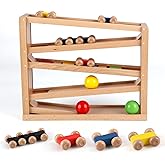 Joqutoys Wooden Car Ramp Toy for Toddlers, 5 Level Race Track Toy Marble Run Game with 4 Cars 3 Balls, Perfect Toddler Toys G
