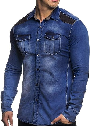 Yumso Bouton Hiver Pour Hommes Couleur Unie Veste En Denim Vintage Dessus Homme Chemise Denim Shirt Manche Longue En Jean Chemises Homme Chemise Retro En Jean Blouse De Cowboy Mince Longs Tops
