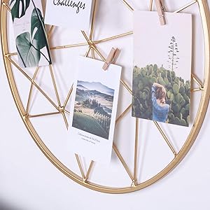 Yamfurvo Round Wall Gird Panel, Multifunctional Wire Photo Momo Organizer & Hanging Display, Decorative Wall Storage Organizer Rack, Gold