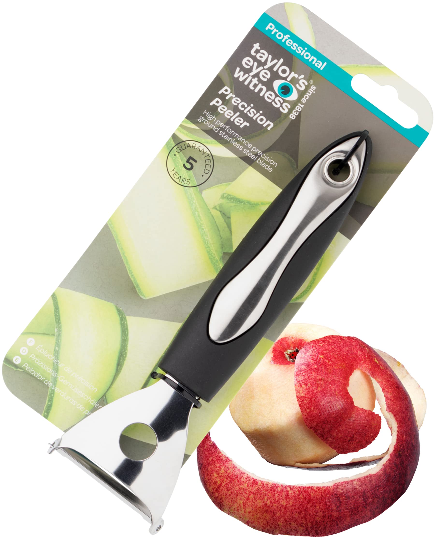 Stainless Steel Precision Peeler Kitchen Tool - Precision Ground Blade to Easily Peel Vegetables Like Carrots, Potatoes & Apples. Strong & Durable, Easy to Use Kitchen Utensil with 5 Year Guarantee.