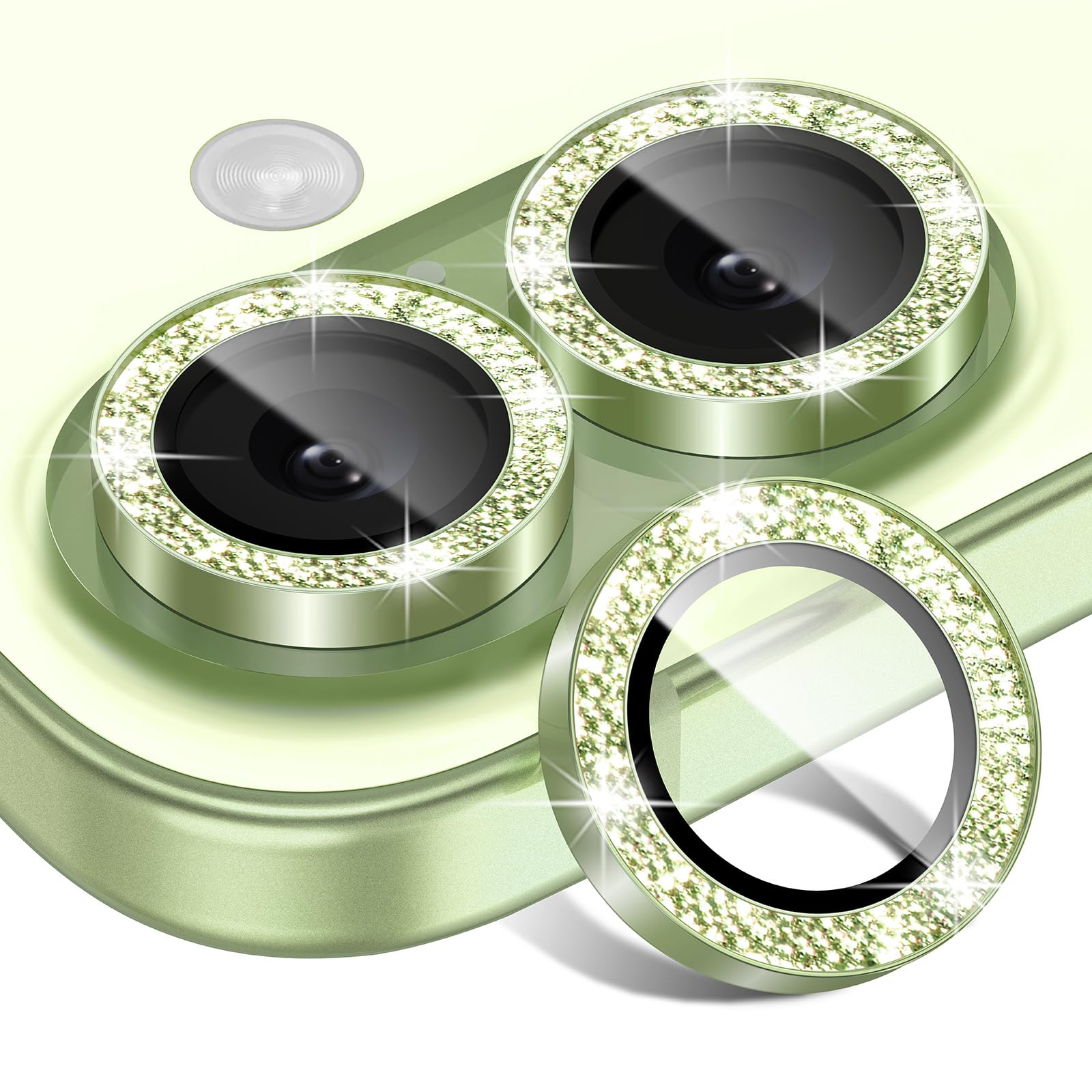 Matekxy for iPhone 17 Camera Lens Protector Glitter - Cute Girly Metal Individual Bling Ring Cover for Women, 9H Anti-Scratch Tempered Glass with Aluminum Edging, Sage