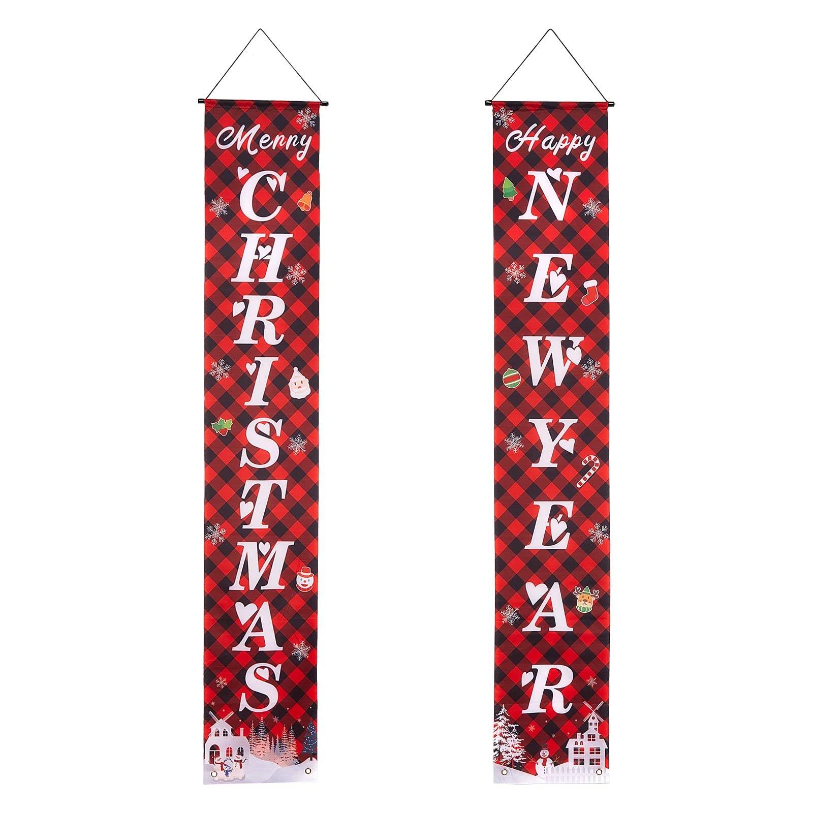 CREATCABIN Merry Christmas Banners Hanging Sign Happy New Year Red Check Plaid Porch Xmas Gift Snowflake Decor Signs For Indoor Outdoor Holiday Home Party Wall Christmas 11.8 x 70.9inch