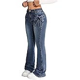 Floerns Girl's Cute Bow Flare Leg Jeans Stretchy Retro Bell Bottom Denim Pants