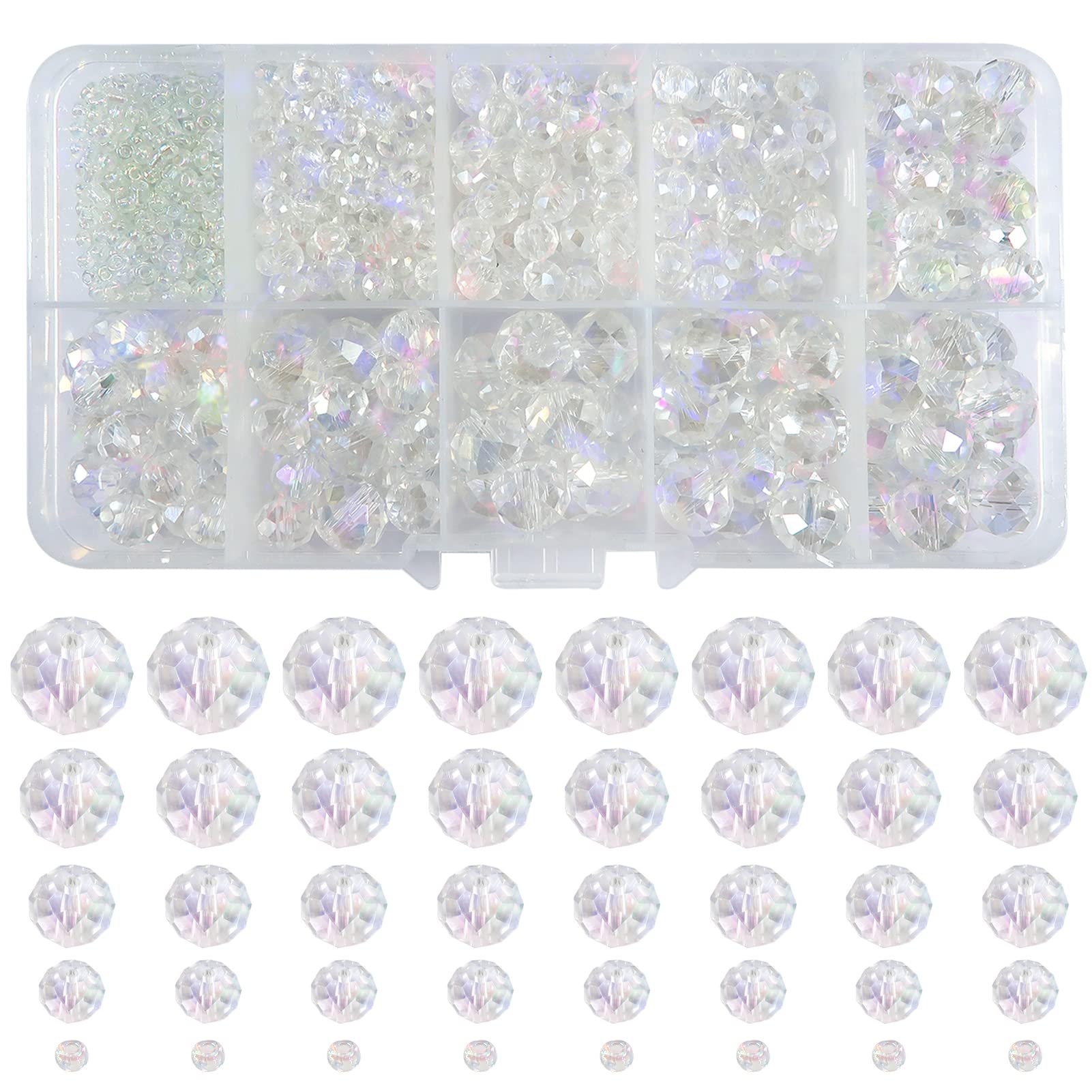 TOAOB 1000pcs Crystal Glass Beads Assorted AB Color Spacer Beads 2mm 4mm 6mm 8mm 10mm for Jewelry Making DIY Craft Project