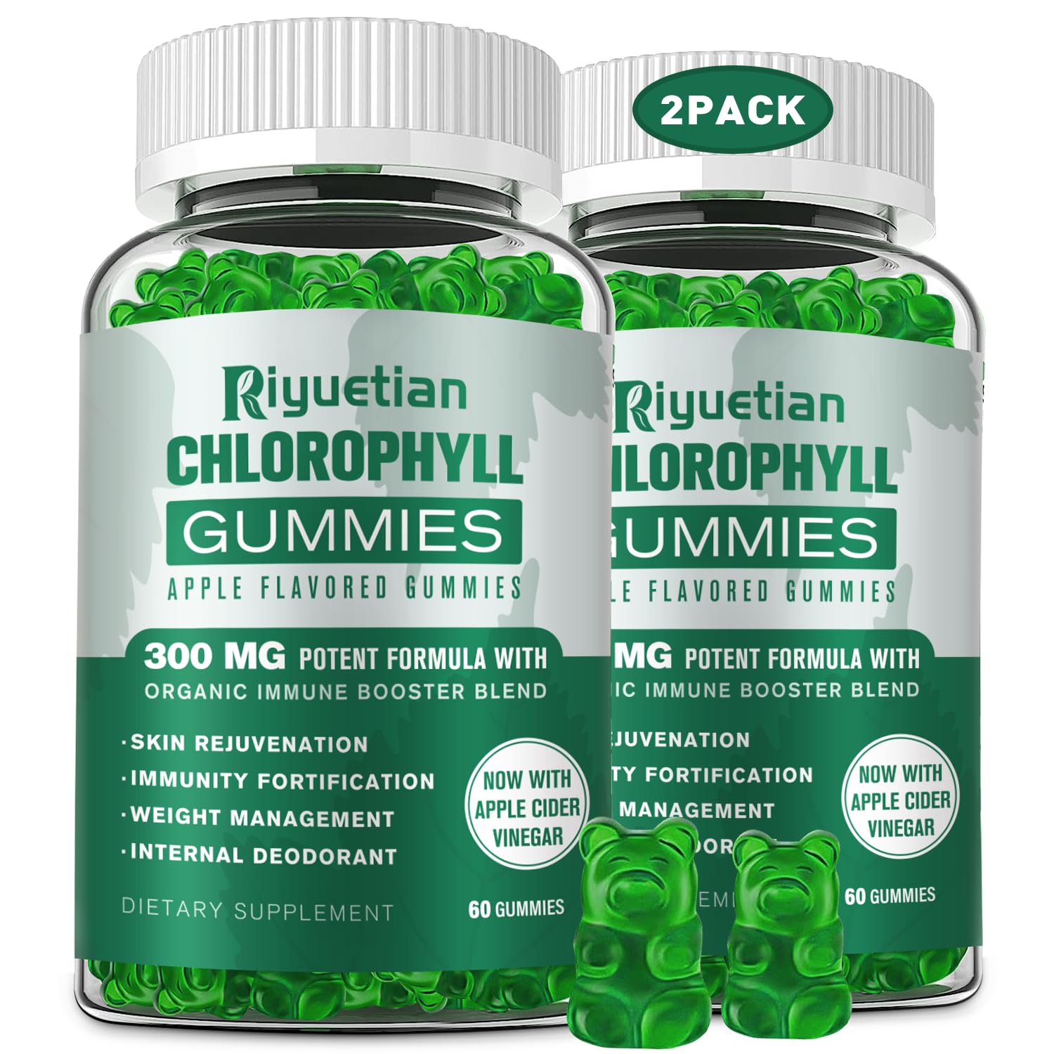 sugar free chlorophyll gummies - with unfiltered acv & vitamin c、b12 - energy boost, immune & digestion support, natural deodorant,skin care - vegan,non-gmo - 120 gummies