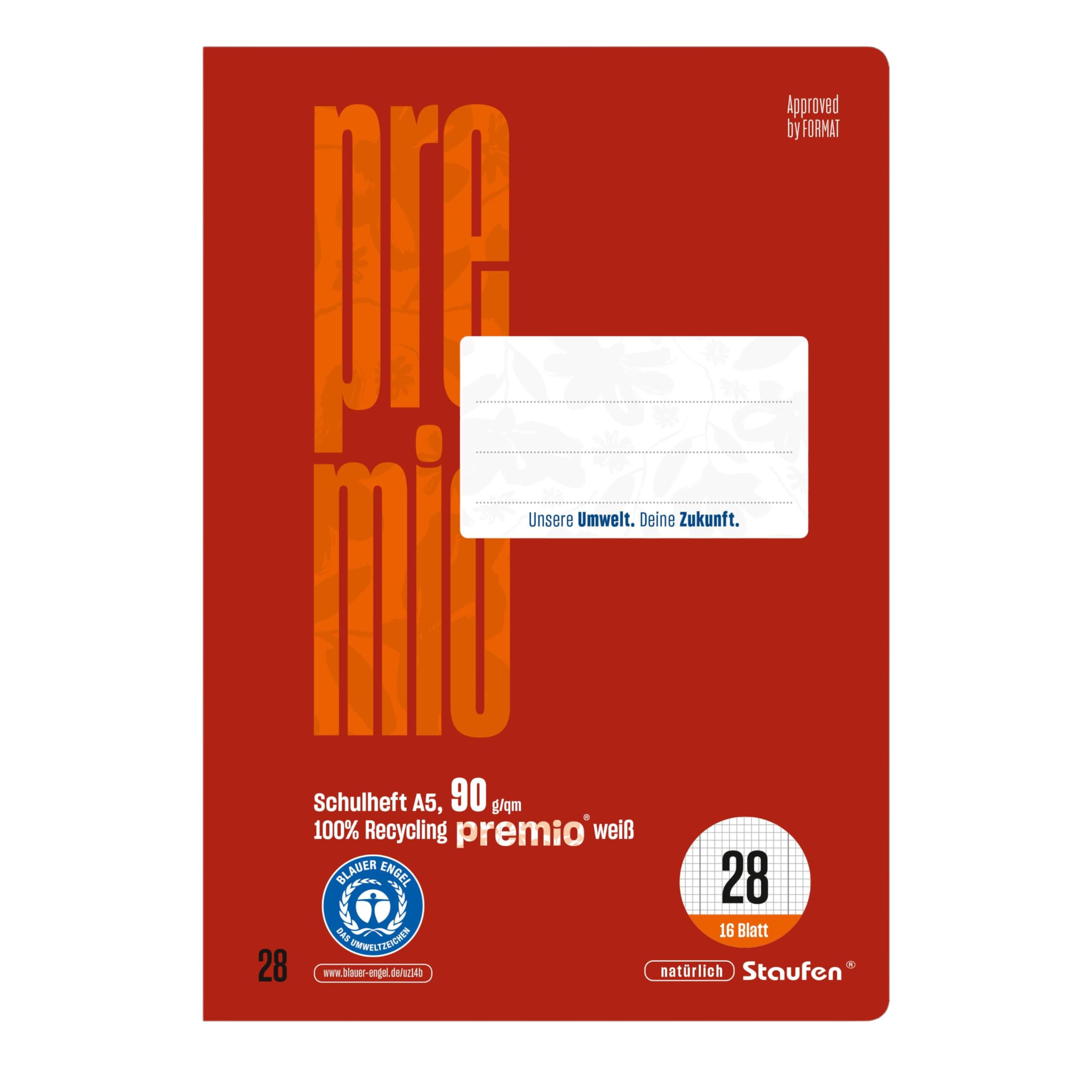 Staufen premio exercise book, 10 notebooks, 16 sheets each, DIN A5, ruling 28 (5 mm squared with margins), 90 g/m² recycled paper, round corners prevent "donkey ears"
