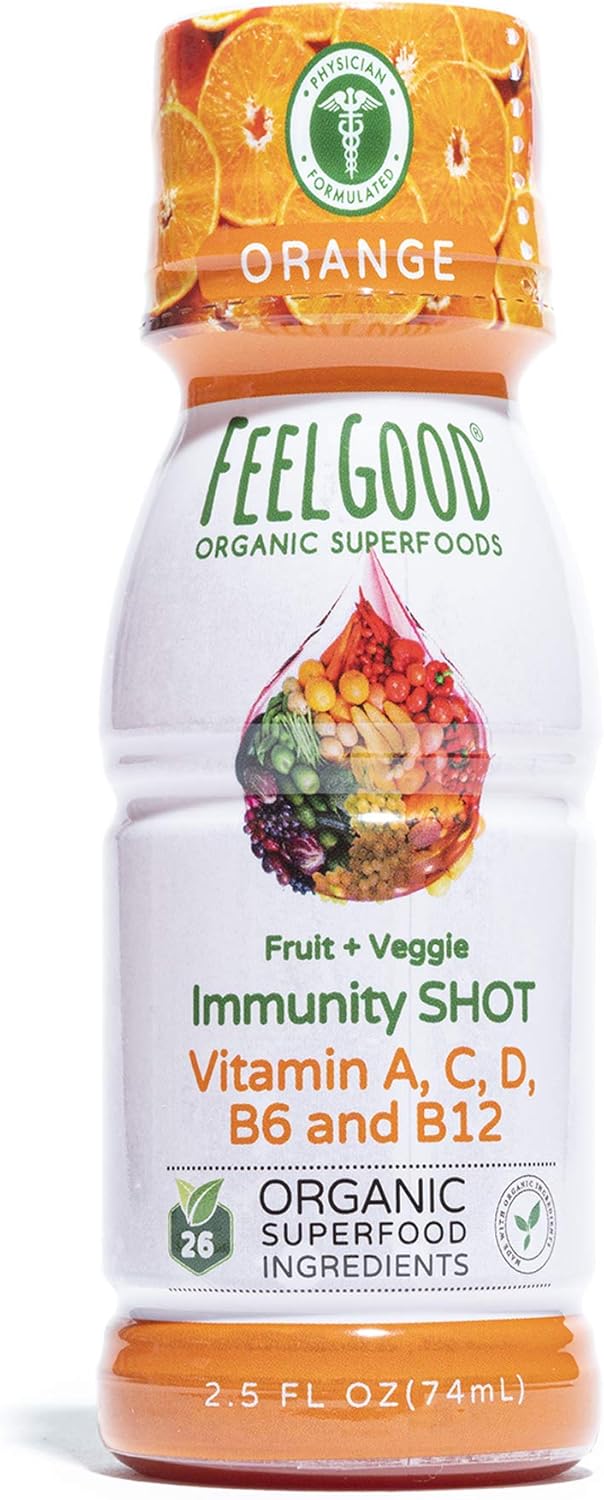 Immune Shot Orange (12 Pack)/by Feel Good Organic Superfoods/Organic, Non-GMO, Gluten Free, Vegan/Support Immune System to Fight viruses and pathogen.: Health & Personal Care
