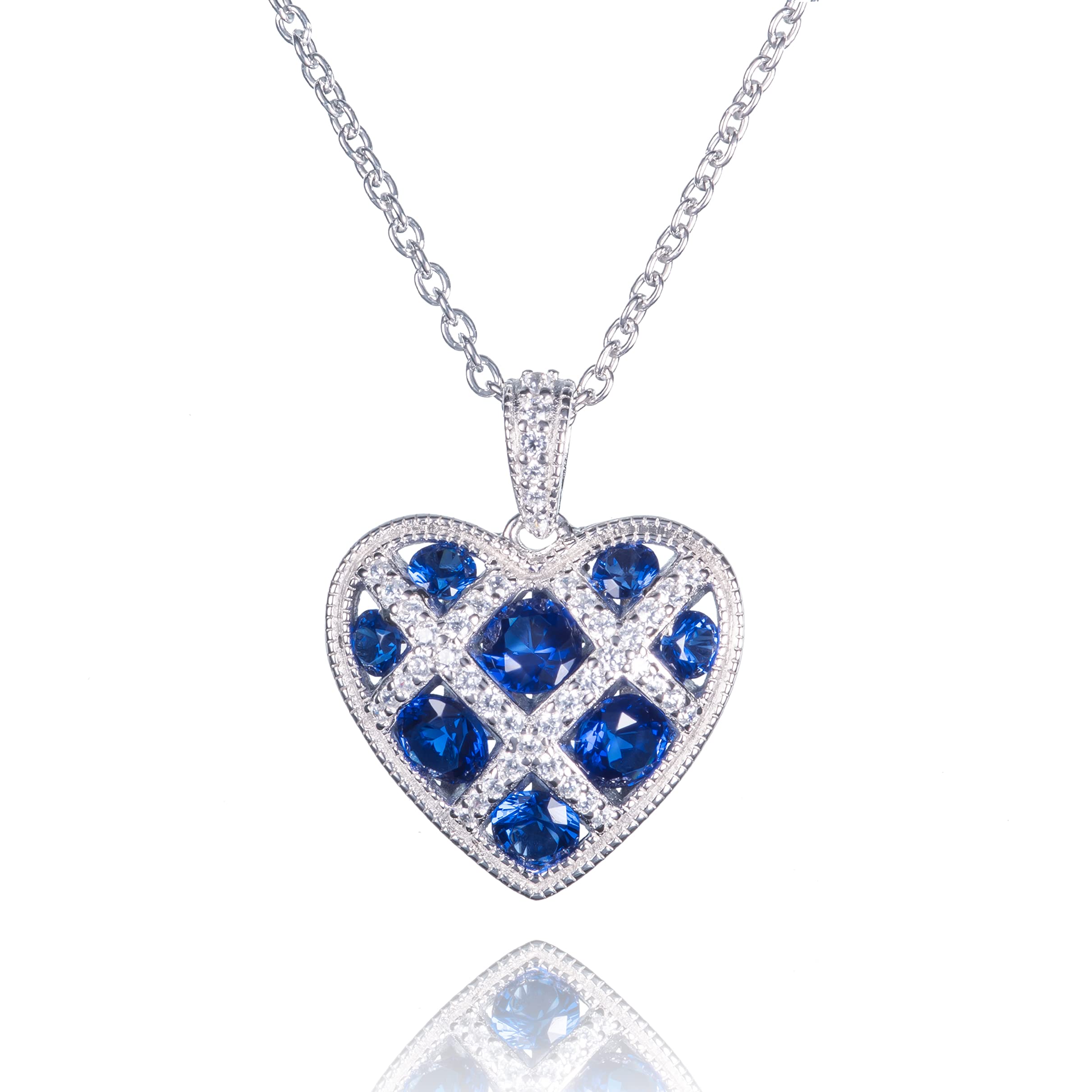 Namana Lattice Blue Heart Necklace for Women - 925 Sterling Silver With Sapphire Stones and White Cubic Zirconia - Heart Pendant With Gift Box