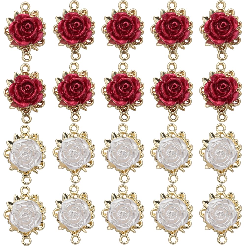 SUNNYCLUE 1 Box 32Pcs Valentines Day Rose Charms 3D Rose Flower Connector Charms Bulk Red White Flowers Links Linking Connectors Double Loop for jewellery Making DIY Craft Supplies