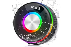 BESNOOW Bluetooth Shower Speaker, Portable Speakers Bluetooth 5.3 with HD Sound, IPX7 Waterproof, Colorful RGB Light/LED Display/FM Radio/Hands-Free Call/Suction Cup, Perfect for Bathroom Sing-Along, Black