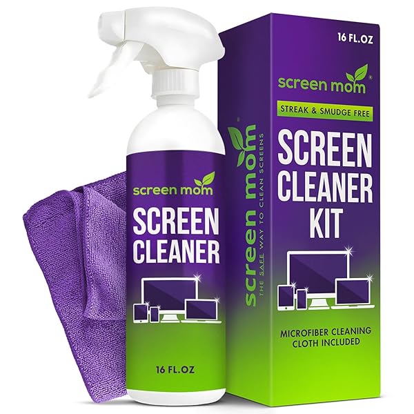 SCREEN MOM SCREEN CLEANER SPRAY AND MICROFIBER CLOTH 16OZ SCREEN CLEANER SPRAY AND WIPE FOR TV, LAPTOP, COMPUTER, PHONE, IPAD, CAR SCREEN CLEANING KIT ELECTRONIC CLEANER SPRAY