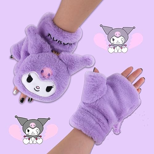 Roffatide Anime Kuromi Winter Women Gloves Thick Warm Soft Plush